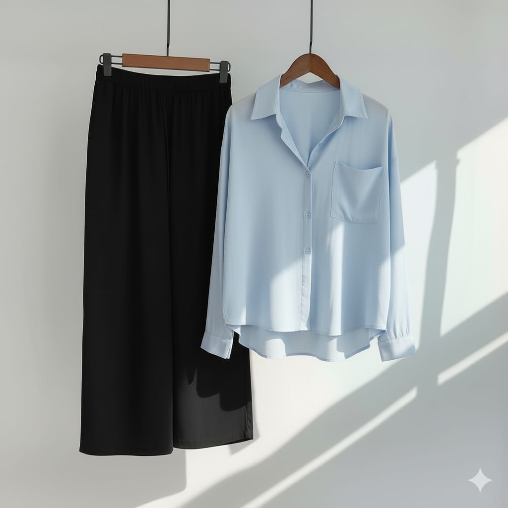 womens coord sets with sky blue shirt and black trouser