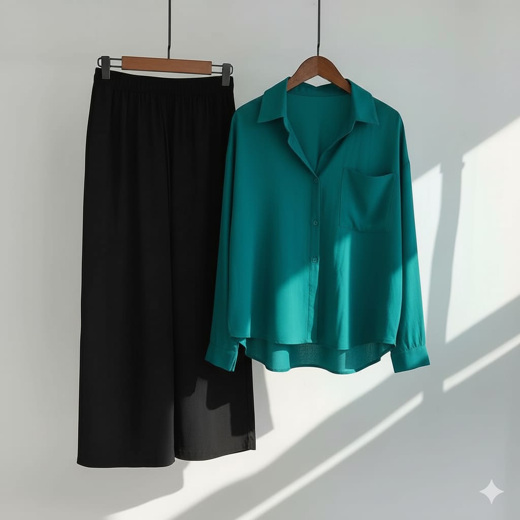 womens coord sets with green shirt and black trouser