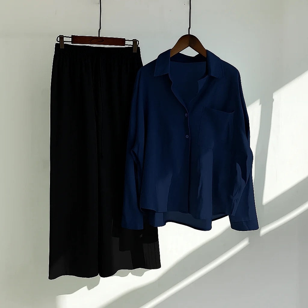 womens coord sets ( navy blue shirt and black trouser )