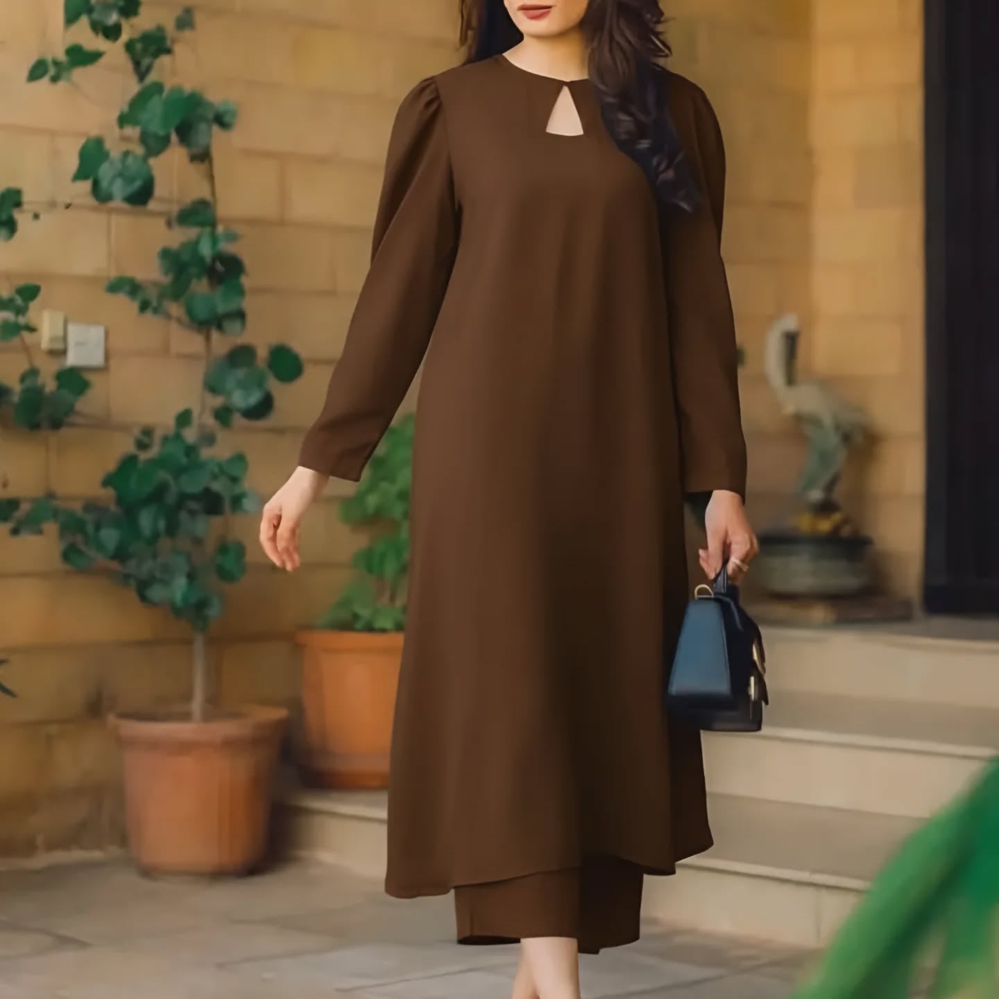 Womens New Long Dress in brown color, featuring long sleeves and a keyhole detail, perfect for everyday wear.