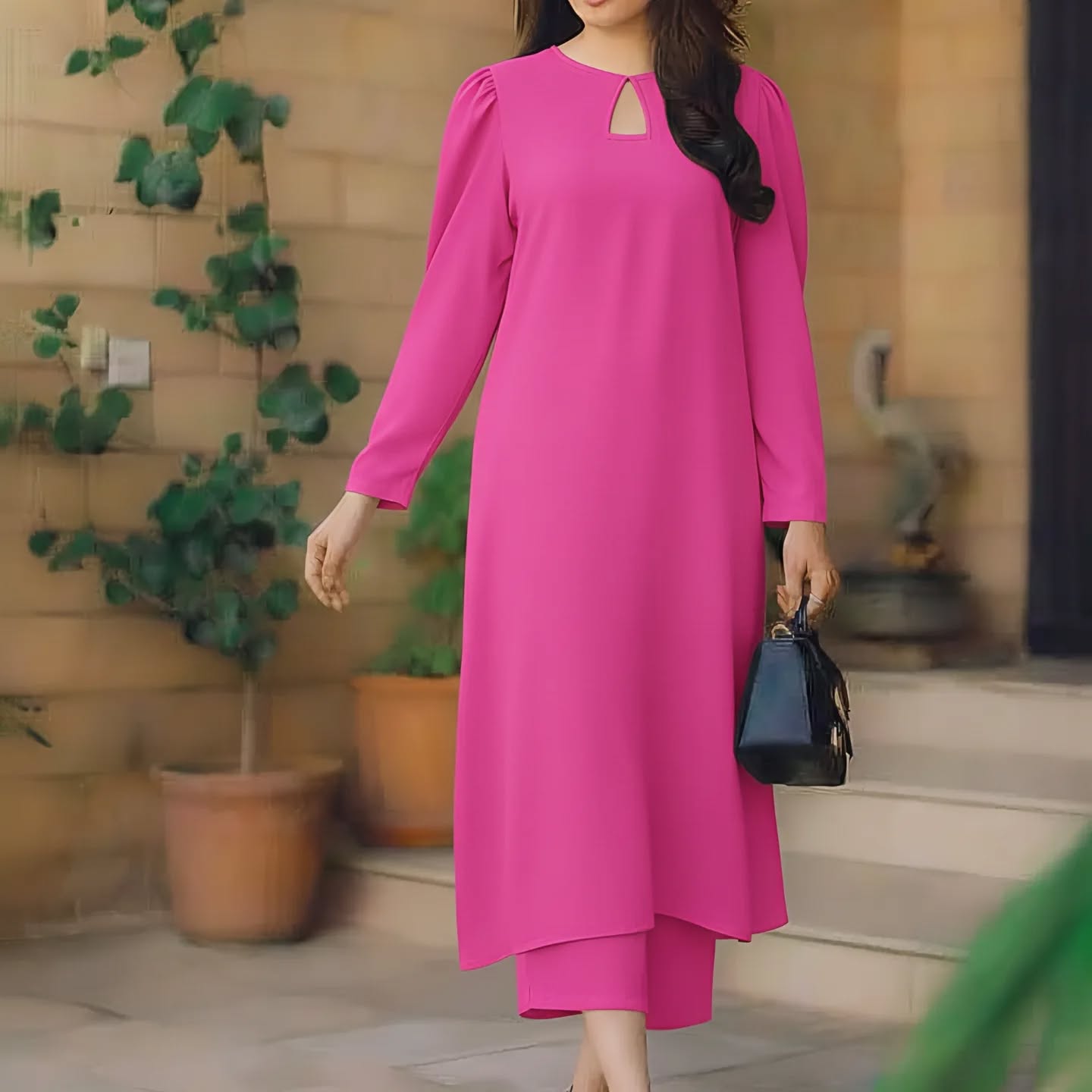 Womens New Long Dress in vibrant pink color, featuring long sleeves and a keyhole neckline, perfect for casual outings.