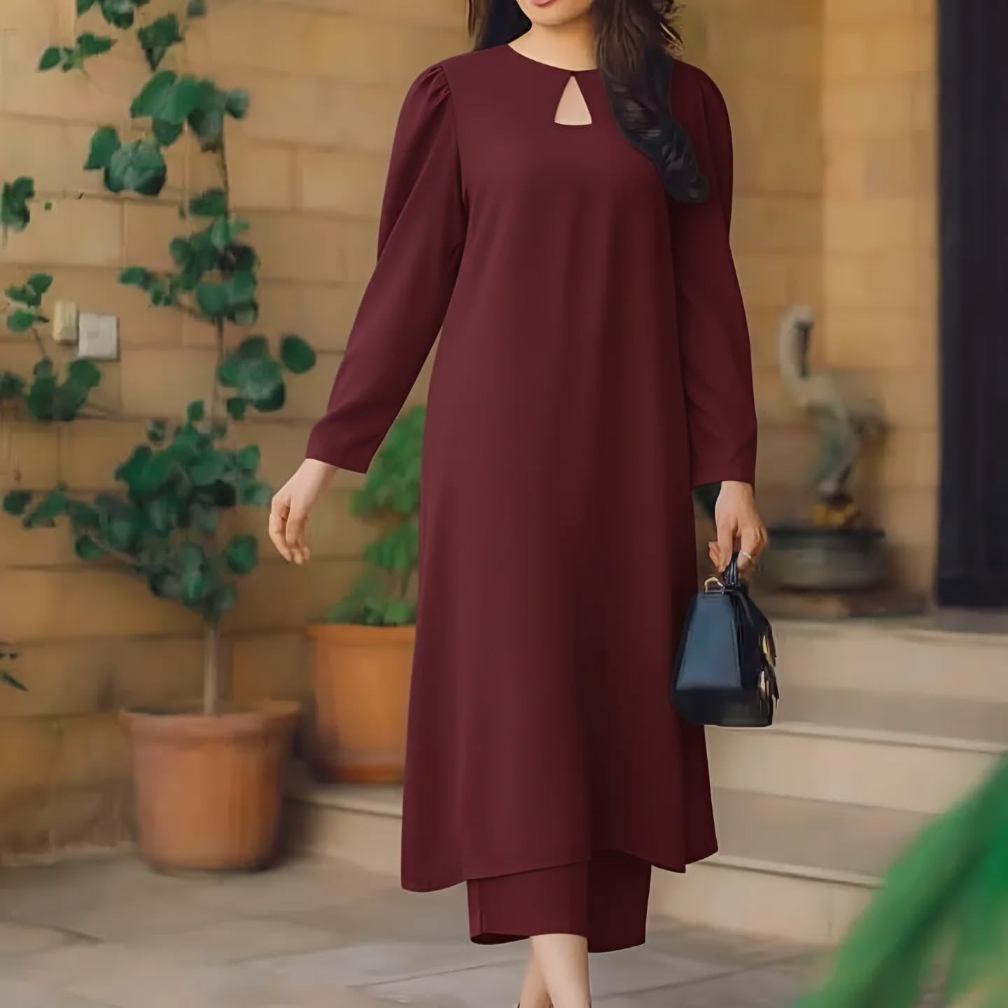 Womens New Long Dress in burgundy with keyhole detail, perfect for casual outings and available in various sizes.