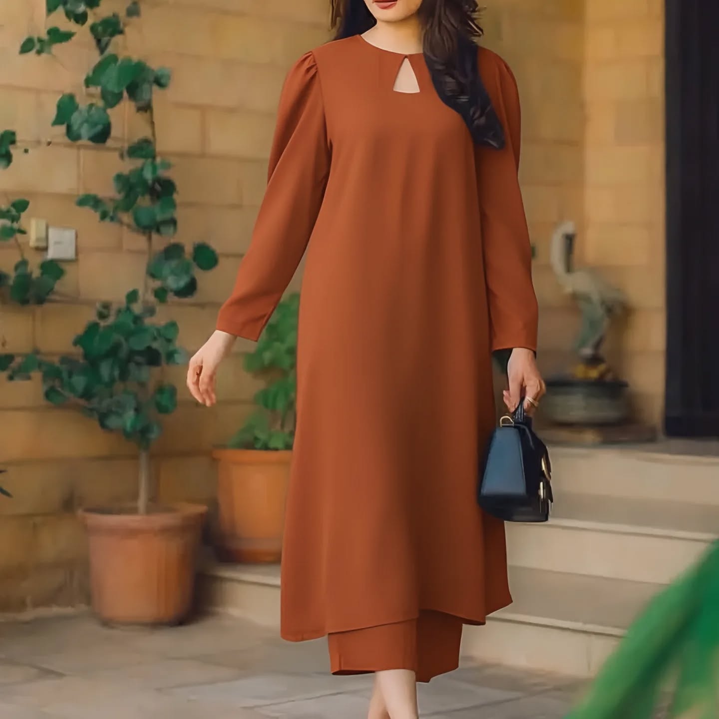 Womens New Long Dress in brown color, featuring keyhole neckline and long sleeves, perfect for any occasion.