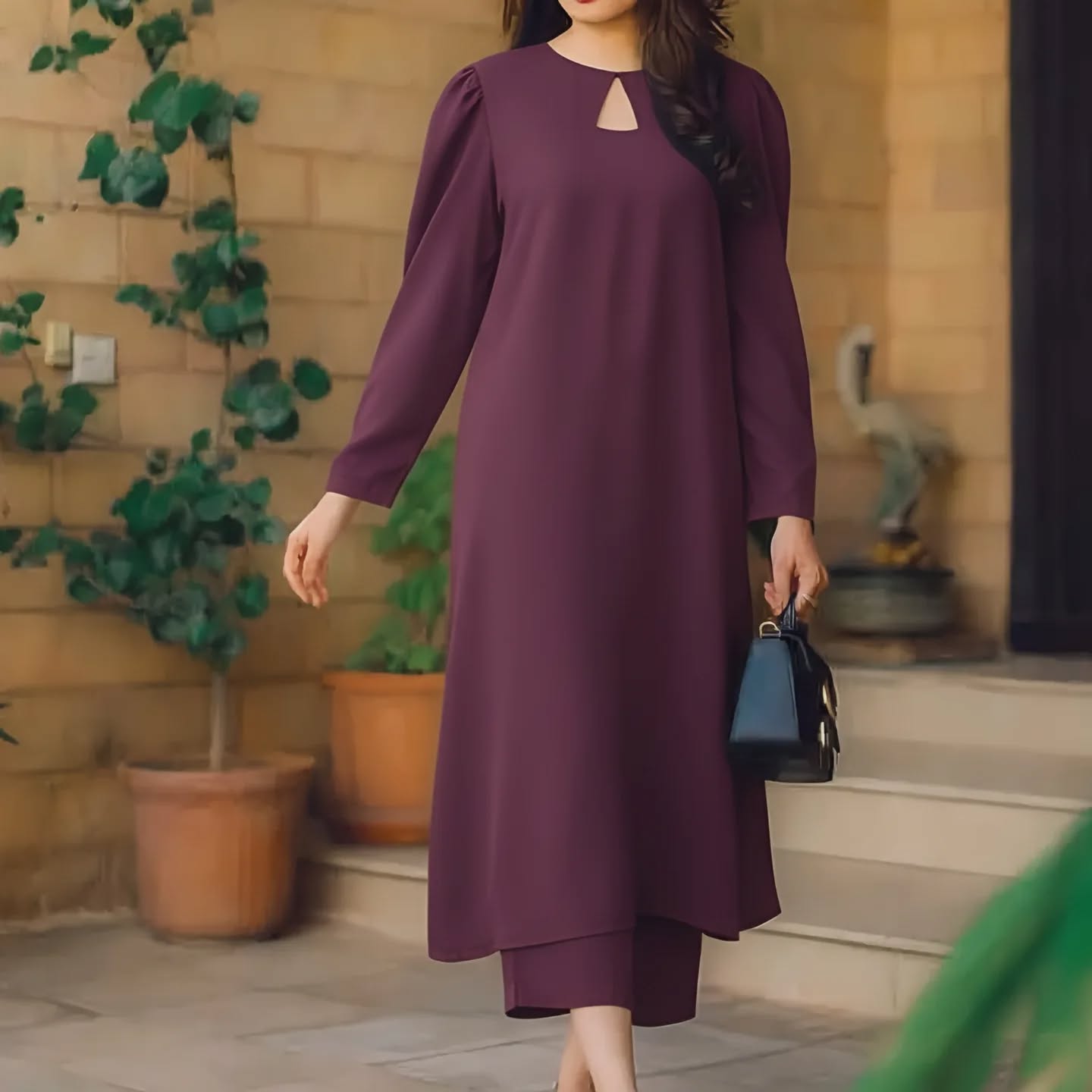 Womens New Long Dress in dark purple, featuring a keyhole neckline and elegant silhouette, perfect for casual or formal occasions.