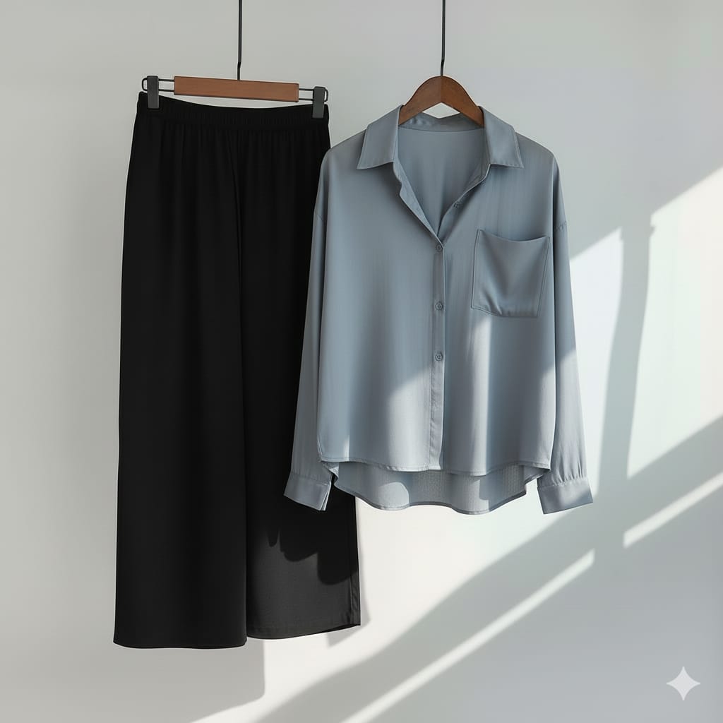 womens coord sets with light grey shirt and black trouser