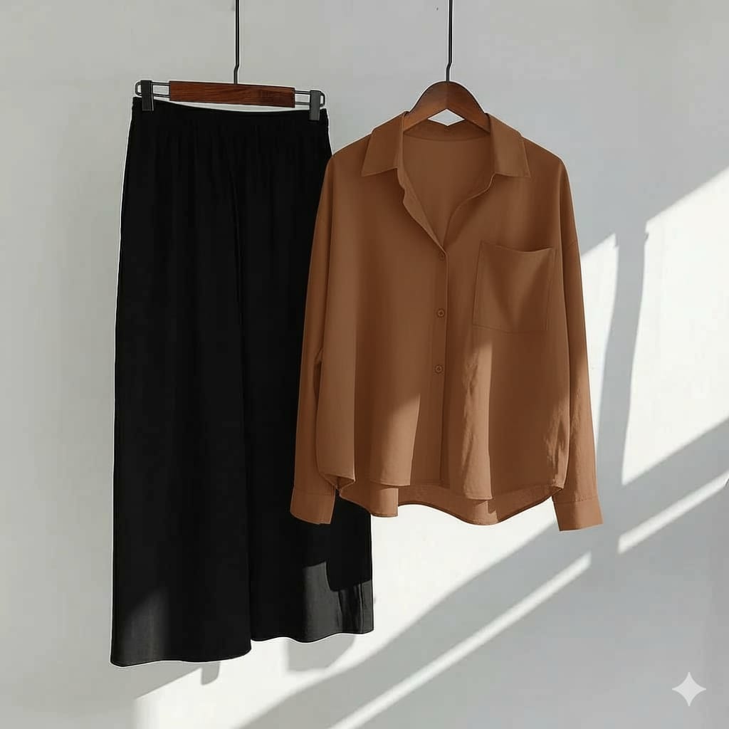 womens coord sets with brown shirt and black trouser